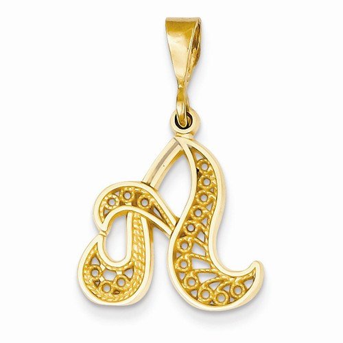 14k yellow gold initial letter a cursive script alphabet filigree pendant charm