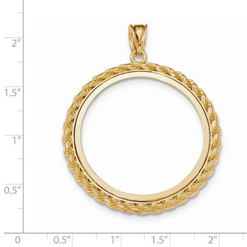 14K Yellow Gold 1 oz or One Ounce American Eagle Coin Holder Rope Polished Prong Bezel Pendant Charm Screw Top for 32.6mm x 2.8mm Coins