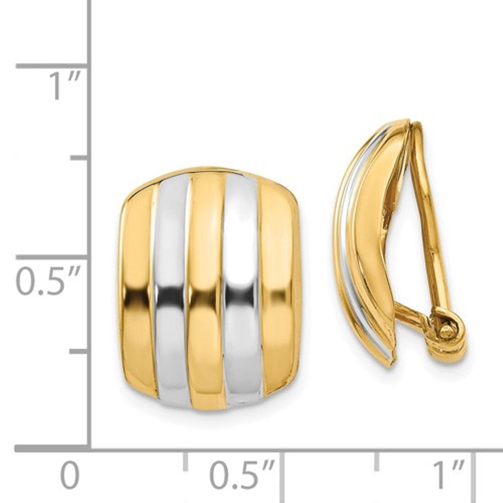 14K Yellow Gold and Rhodium Two Tone Non Pierced Clip On Omega Back Hoop Huggie Earrings