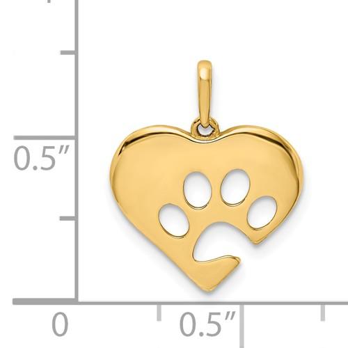 14k Yellow Gold Paw Print Cut Out Heart Pendant Charm