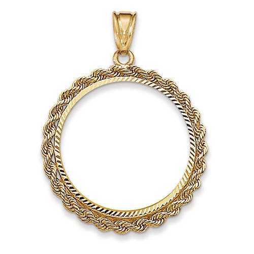 14K Yellow Gold 1/2 oz Half Ounce American Eagle Coin Holder Bezel Rope Edge Diamond Cut Pendant Charm for 27mm x 2.2mm Coins