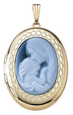 Carica l&#39;immagine nel visualizzatore di Gallery, 14k Yellow Gold Mother Child Blue Agate Cameo Oval Locket Pendant Charm Personalized Engraved Monogram
