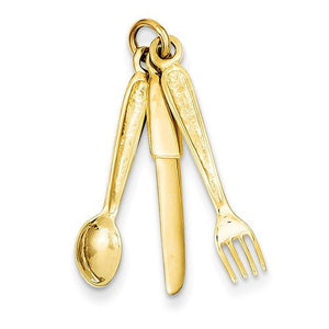 14K Yellow Gold Knife Fork Spoon Silverware 3D Pendant Charm