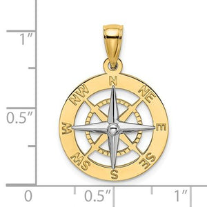 14k Gold Two Tone Nautical Compass Medallion Pendant Charm