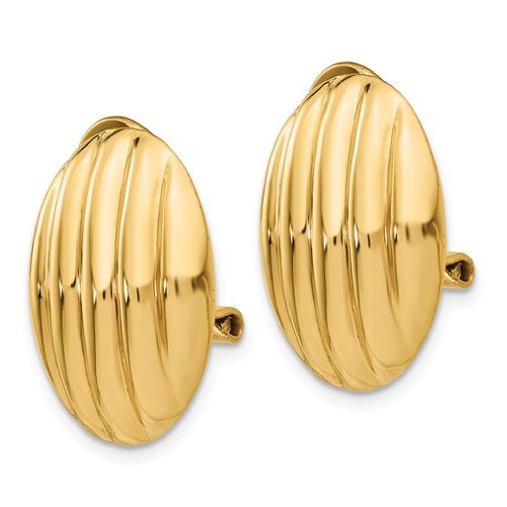 14K Yellow Gold Non Pierced Fancy Oval Ribbed Omega Back Clip On Earrings