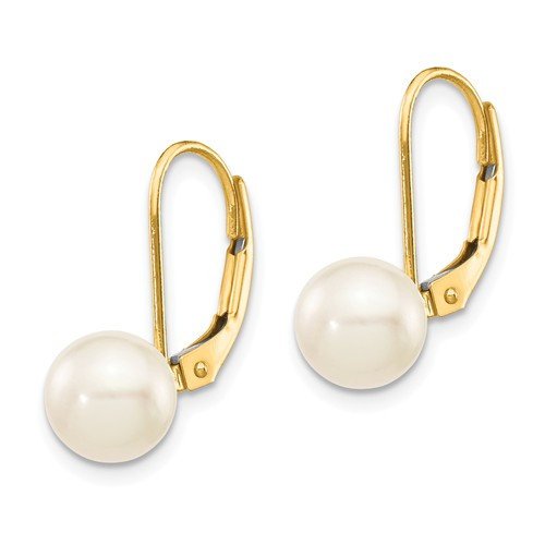 14K Yellow Gold White Round 7-8mm Saltwater Akoya Cultured Pearl Lever Back Dangle Drop Earrings