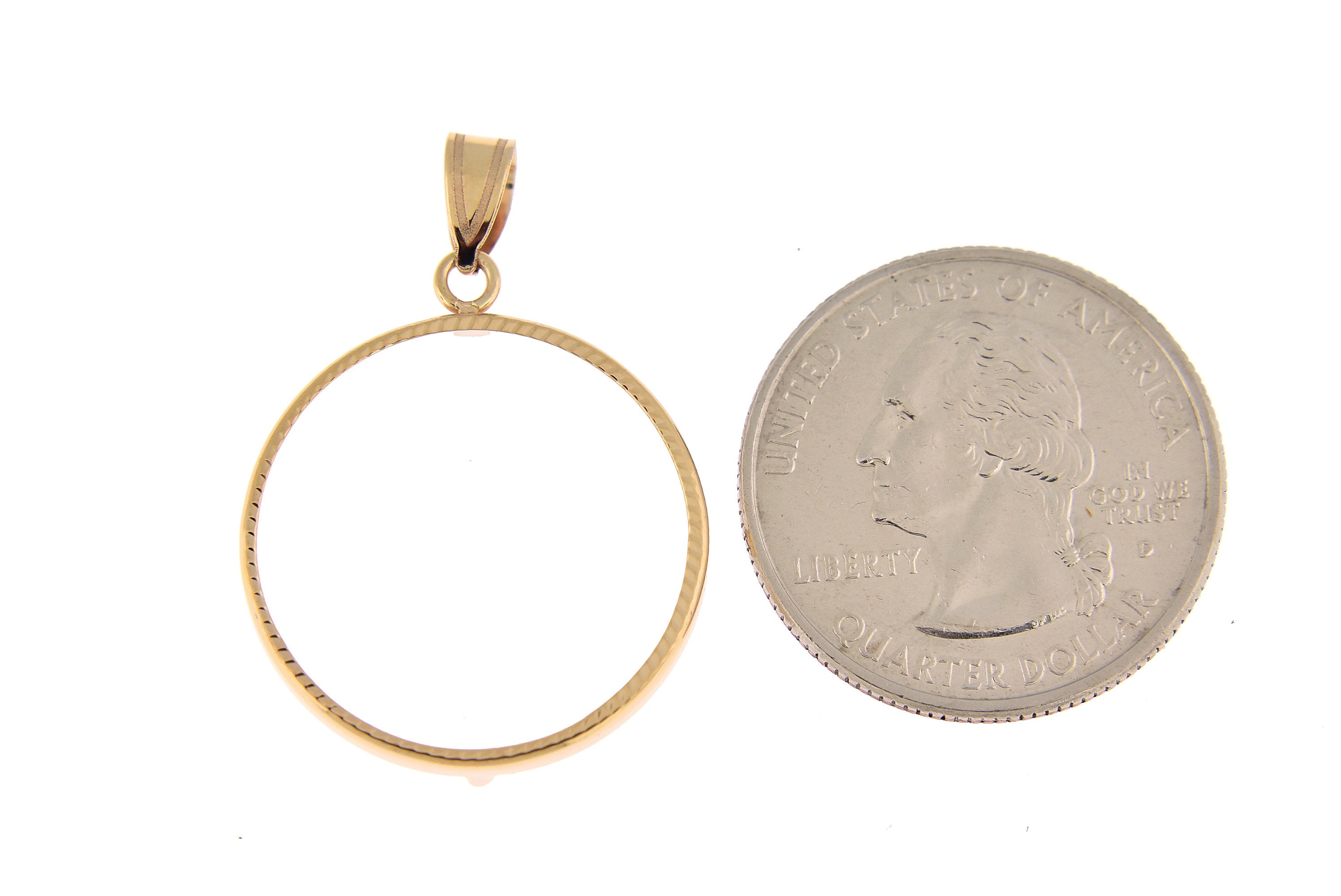 14K Yellow Gold Holds 22mm Coins 1/4 oz  American Eagle Panda US $5 Dollar Jamestown 2 Rand Coin Holder Prong Bezel Pendant Charm