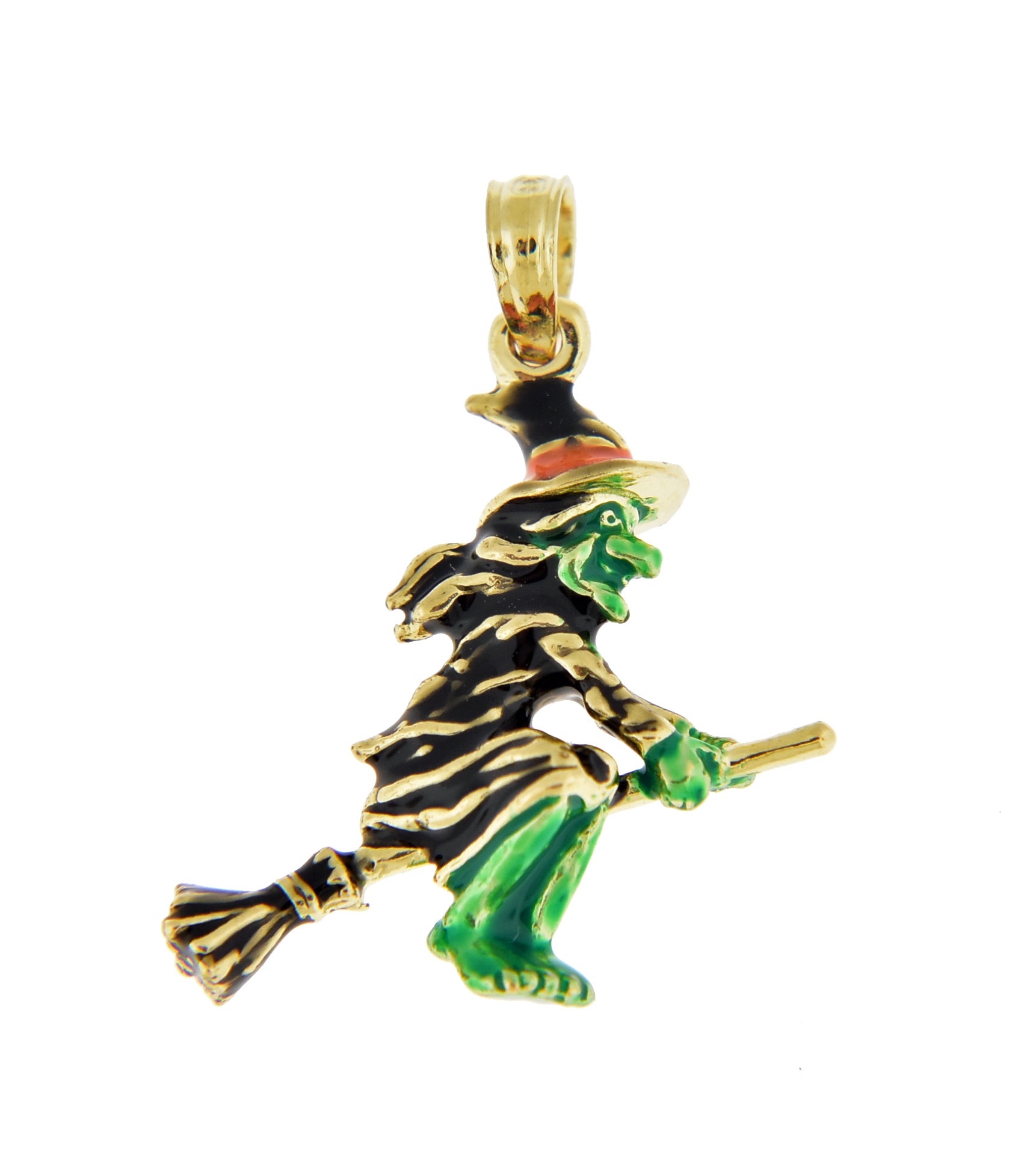 14k Yellow Gold Halloween Flying Witch with Broom 3D Pendant Charm