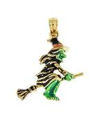 Afbeelding in Gallery-weergave laden, 14k Yellow Gold Halloween Flying Witch with Broom 3D Pendant Charm
