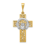 Afbeelding in Gallery-weergave laden, 14k Gold Two Tone Claddagh Cross Open Back Pendant Charm
