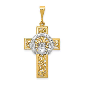 14k Gold Two Tone Claddagh Cross Open Back Pendant Charm