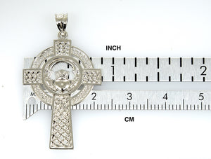 14k White Gold Celtic Claddagh Cross Pendant Charm