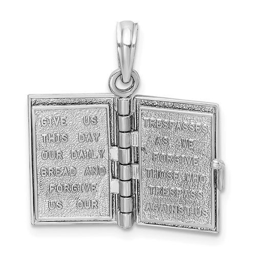14K White Gold Holy Bible Book Lord's Prayer 3D Pendant Charm
