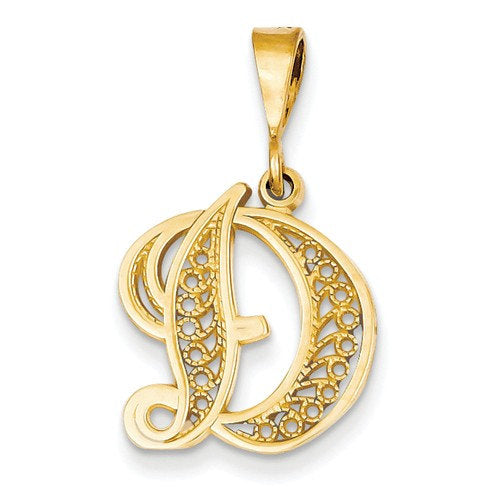 14k yellow gold initial letter d cursive script alphabet filigree pendant charm