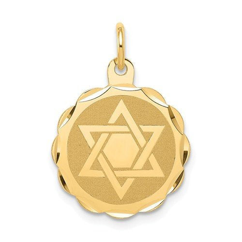14K Yellow Gold Star of David 15mm Disc Pendant Charm Engravable Engraved Personalized