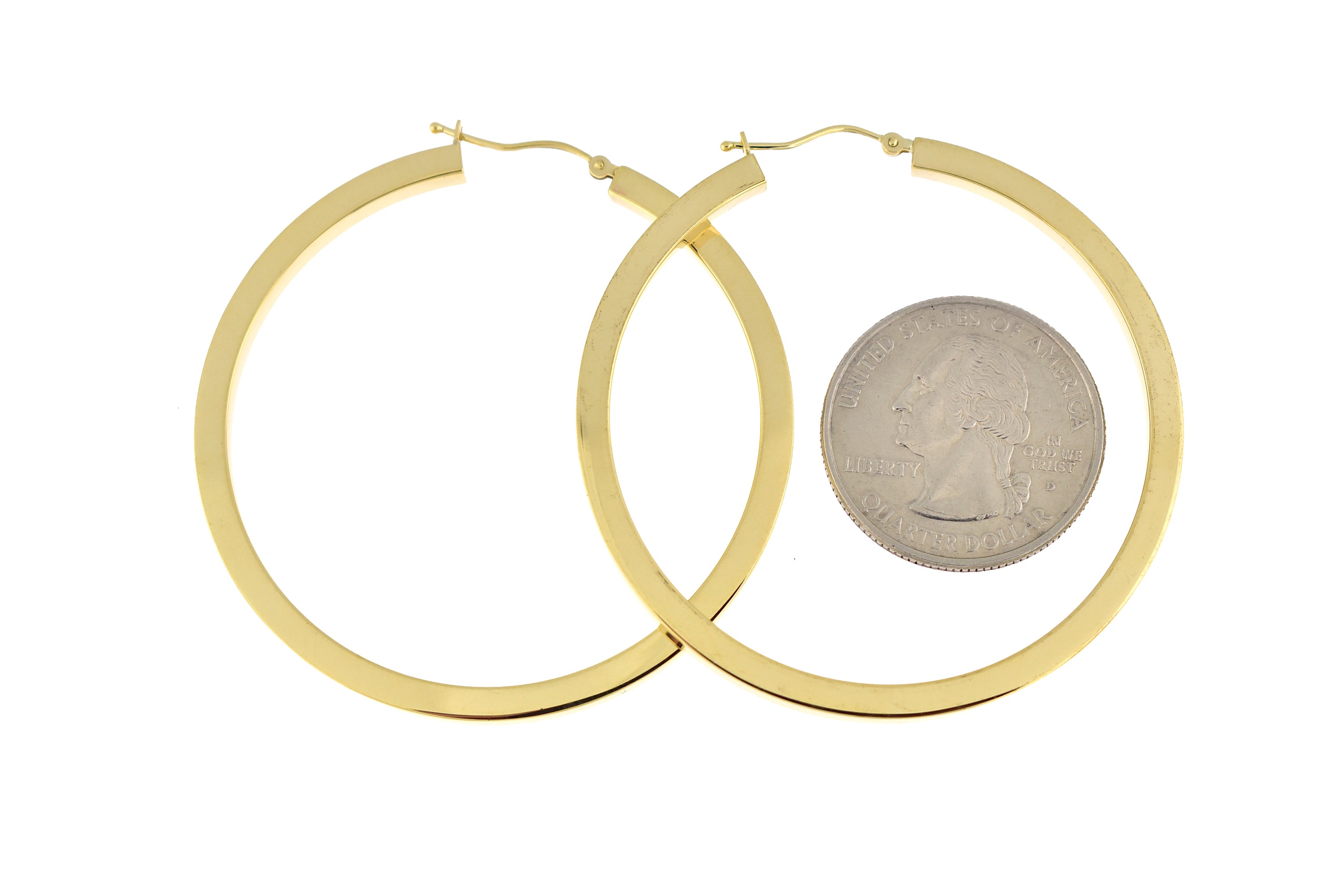 14K Yellow Gold 50mm Square Tube Round Hollow Hoop Earrings