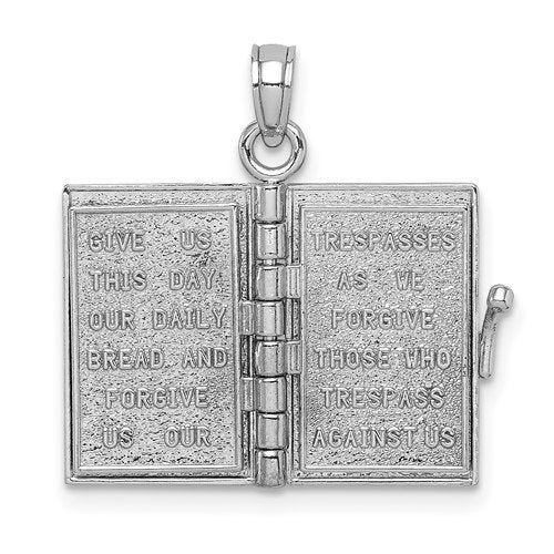 14K White Gold Holy Bible Book Lord's Prayer 3D Pendant Charm