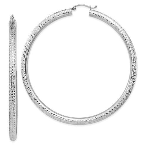 14K White Gold Diamond Cut Round Hoop Earrings 70mm x 4mm