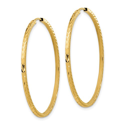 14k Yellow Gold 40mm x 1.35mm Diamond Cut Square Tube Round Endless Hoop Earrings