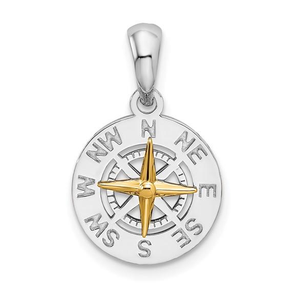 Sterling Silver and 14k Yellow Gold Nautical Compass Medallion Small Pendant Charm