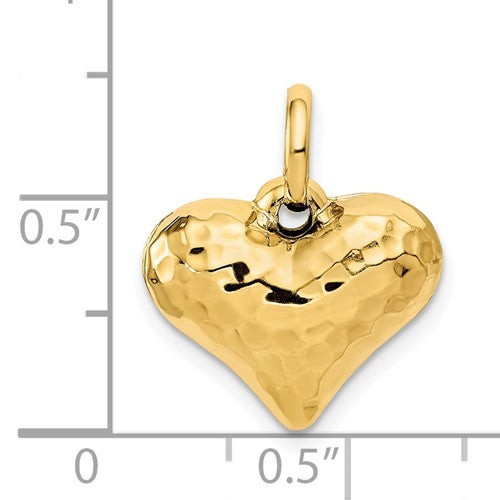 14K Yellow Gold Puffy Hammered Heart 3D Hollow Pendant Charm