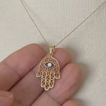Load and play video in Gallery viewer, 14k Yellow Gold Chamseh Hamsa Hand of God with Enamel Pendant Charm
