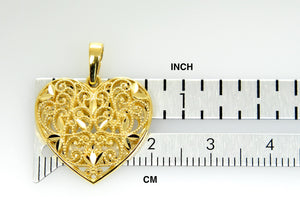 14K Yellow Gold Diamond Cut Filigree Heart Flat Back Pendant Charm