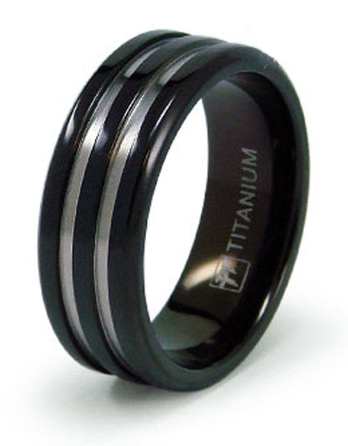 Black Titanium Wedding Ring Band Grooved