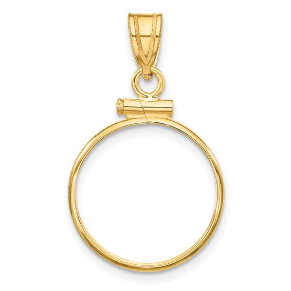 14k yellow gold holds 16mm coins or 1/10 oz maple leaf 1/10 oz philharmonic 1/10 oz australian nugget 1/10 oz kangaroo screw top coin holder bezel pendant