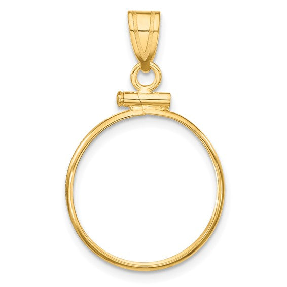 14k yellow gold holds 17.8mm coins or us $2.50 liberty or us $2.50 indian or barber dime or mercury dime coin screw top coin holder bezel pendant