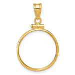 Afbeelding in Gallery-weergave laden, 14K Yellow Gold Holds 19mm Coins or Mexican 5 Pesos Screw Top Coin Holder Bezel Pendant
