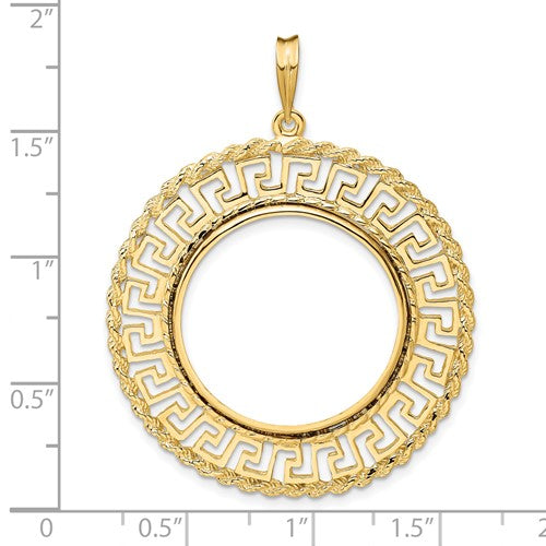 14k Yellow Gold Holds 24.5mm Coin Prong Bezel Greek Key Rope Design Pendant Charm