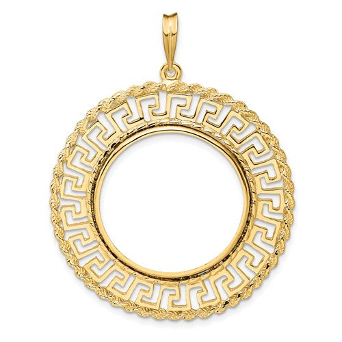 14k yellow gold holds 24.5mm coin prong bezel greek key rope design pendant charm