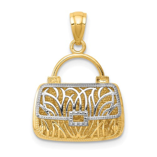 14K Yellow Gold and Rhodium Purse Handbag Mom 3D Pendant Charm