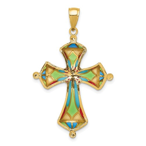 14k Yellow Gold Enamel Multi Color Cross Pendant Charm