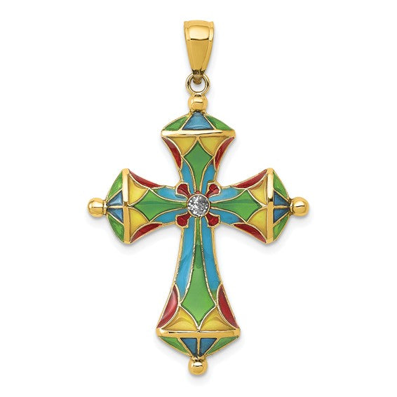 14k Yellow Gold Enamel Multi Color Cross Pendant Charm