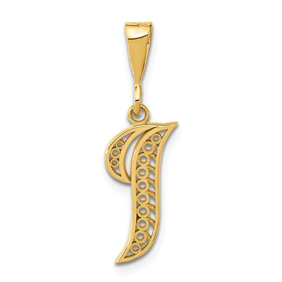 14k yellow gold initial letter i cursive script alphabet filigree pendant charm