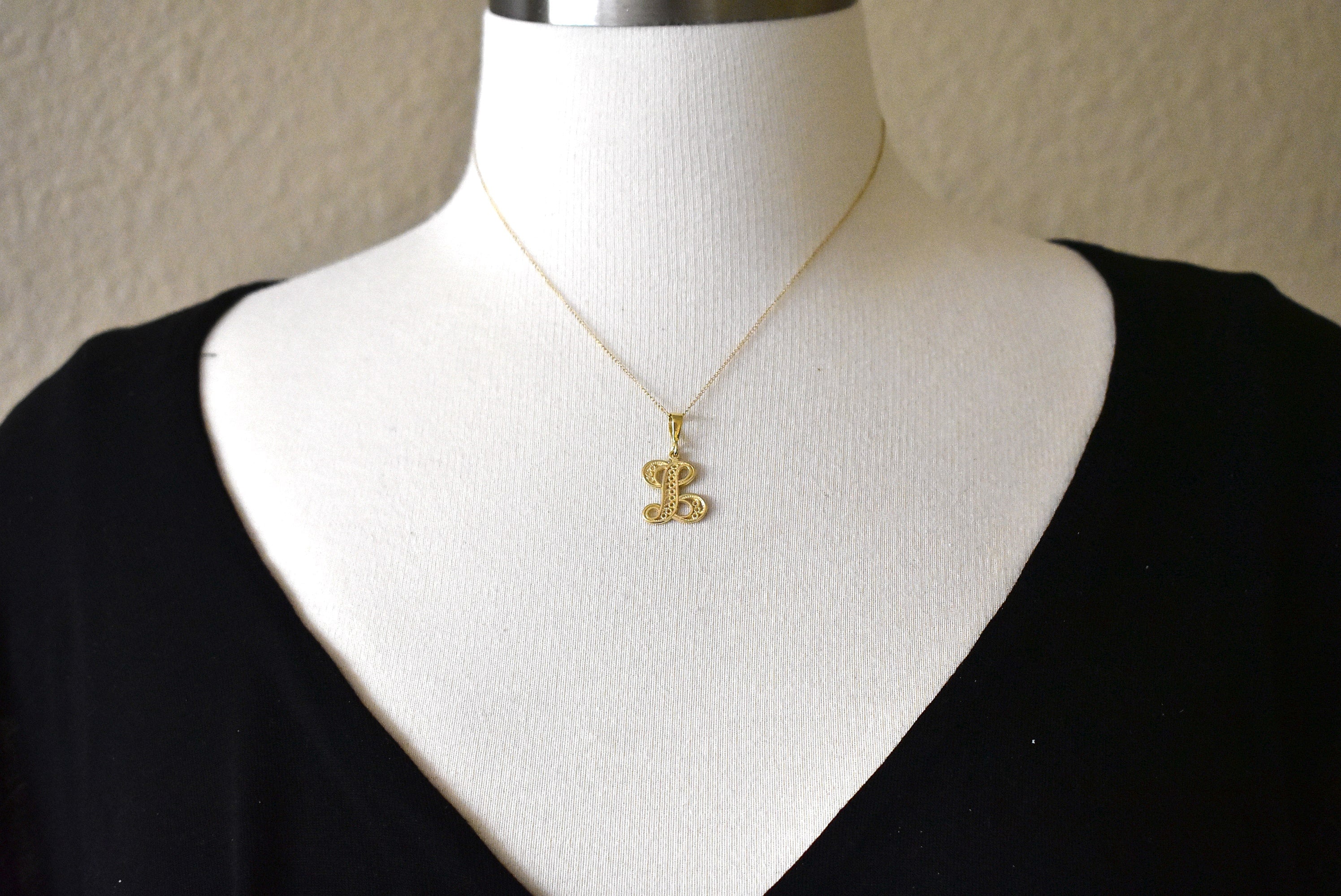 10K Yellow Gold Initial Letter L Cursive Script Alphabet Filigree Pendant Charm