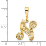 Carica l&#39;immagine nel visualizzatore di Gallery, 14K Yellow Gold Initial Letter N Cursive Script Alphabet Filigree Pendant Charm
