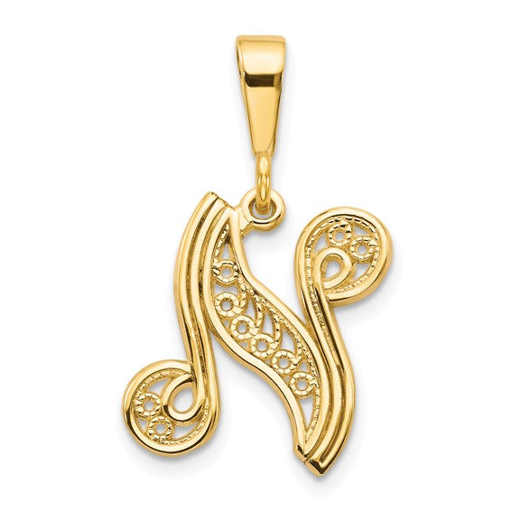 14K Yellow Gold Initial Letter N Cursive Script Alphabet Filigree Pendant Charm