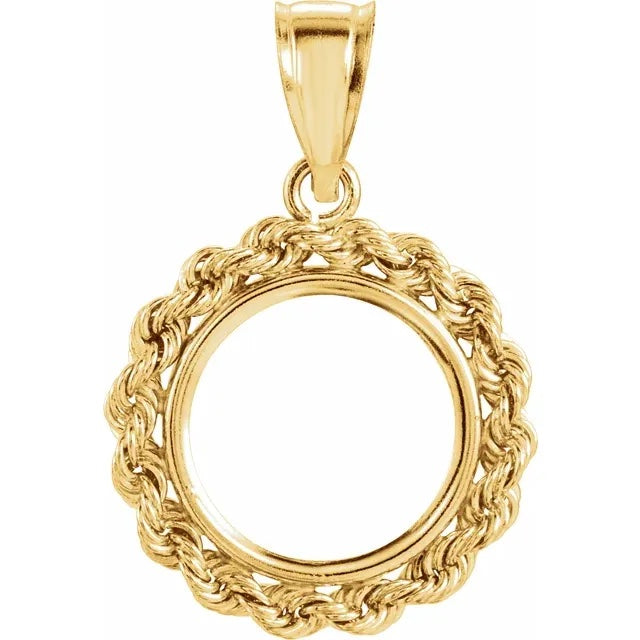 14K Yellow Gold United States US 1.00 or Mexican 2 Peso Coin Tab Back Frame Rope Style Pendant Holder for 13mm x 1mm Coins