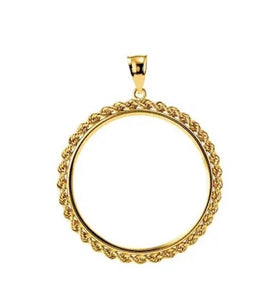 14K Yellow Gold United States US $20 Dollar or Mexican 1 oz ounce Coin Tab Back Frame Rope Style Pendant Holder for 34.3mm x 2.4mm Coins
