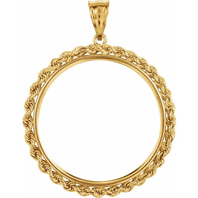 14K Yellow Gold Canadian Maple Leaf 1 oz ounce Coin Tab Back Frame Rope Style Pendant Holder for 30mm x 2.7mm Coins