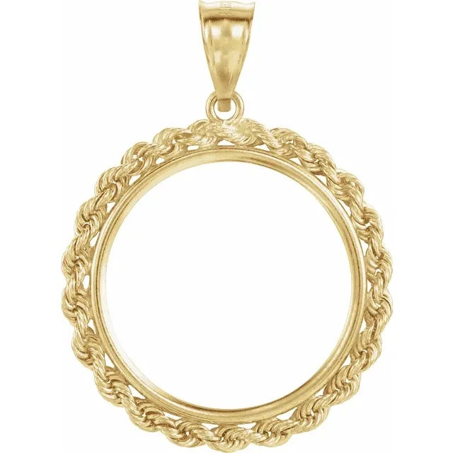 14K Yellow Gold Mexican 10 Peso or Mexican 1/4 oz Coin Tab Back Frame Rope Style Pendant Holder for 22.5mm x 1.4mm Coins