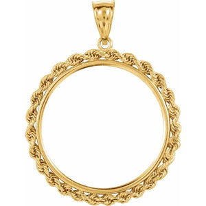 14K Yellow Gold Mexican 20 Peso Coin Tab Back Frame Rope Style Pendant Holder for 27.4mm x 2mm Coins