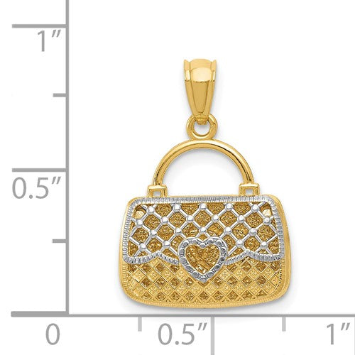 14K Yellow Gold and Rhodium Purse Handbag Hearts 3D Pendant Charm