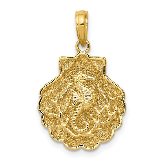 14k Yellow Gold Seahorse Seashell Clamshell Shell Pendant Charm
