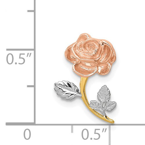 14k Yellow Rose Gold and Rhodium Tri Color Rose Flower Chain Slide Pendant Charm