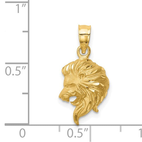 14k Yellow Gold Lion Head Diamond Cut Satin Finish Pendant Charm