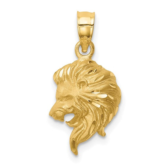 14k Yellow Gold Lion Head Diamond Cut Satin Finish Pendant Charm